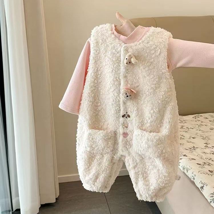 Winter baby outfit set - new girls' overalls two-piece set - autumn/winter romper - fleece-lined baby crawling suit