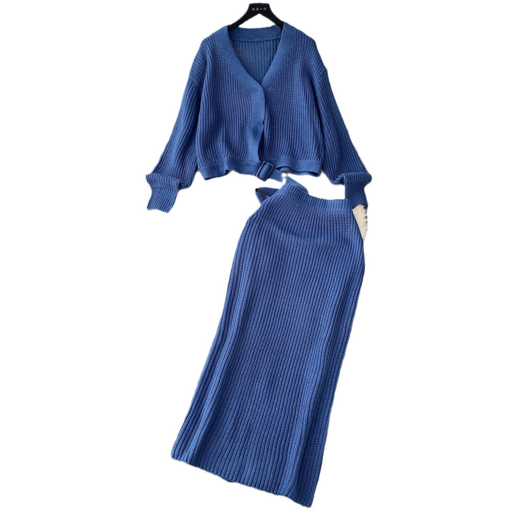 French chic knit set: effortless luxury for women - autumn/winter loose fit long sleeve top + high-waisted midi skirt
