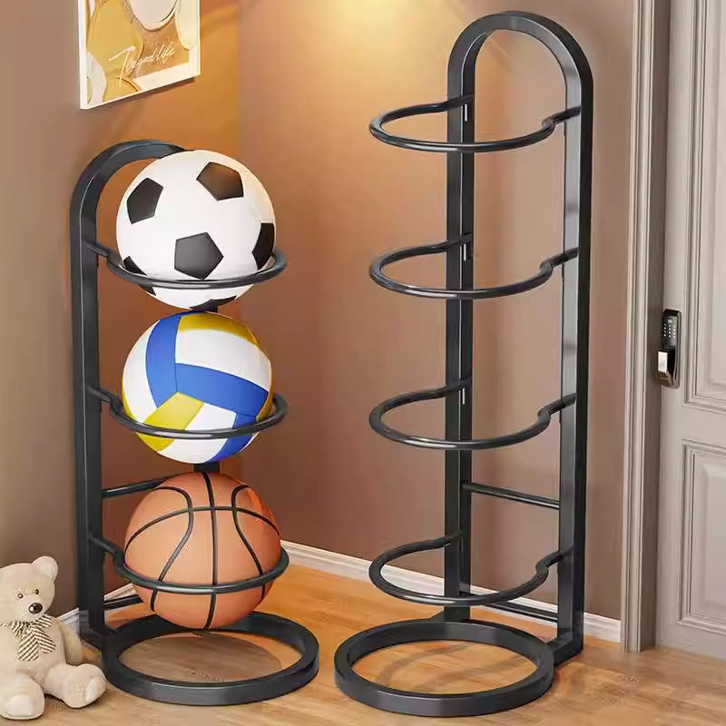 Basketball storage rack - home floor-standing foldable basketball hoop with soccer & volleyball storage - multi-tier sports ball organizer