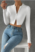 new arrival double-ended zipper knittingcardiganpure colorsilmslimming lookhigh waistcrop toplong sleeves short tops women's sweater