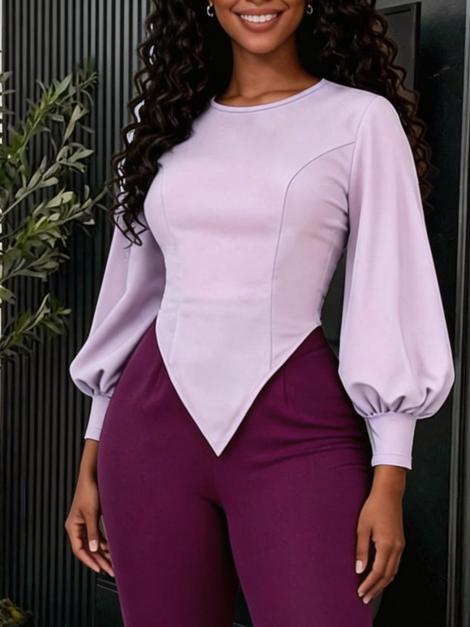work clothing lantern sleeve casualtwo-piece set waist asymmetrical topseasiest for match flarepantspurplesuit