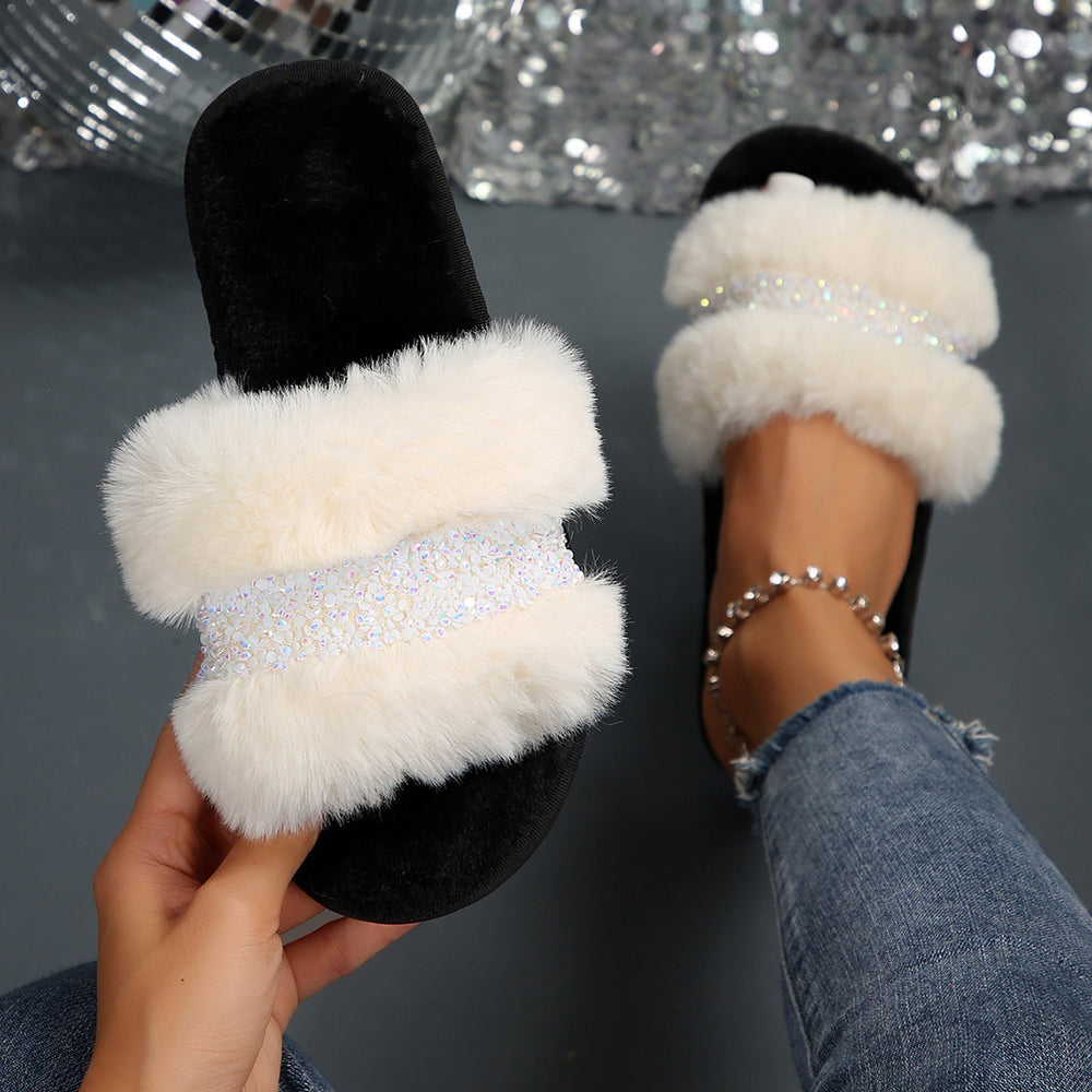 Influencer-approved rhinestone fuzzy slippers for women - new 2024 collection - wearable flat slides, warm fuzzy cotton slippers for autumn and winter