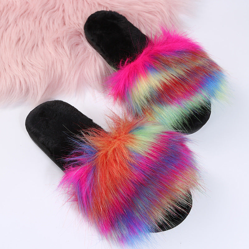 Wholesale fur slippers from fur manufacturers: home-friendly faux fox fur one-piece slippers, new fashionable plush slippers for autumn and winter