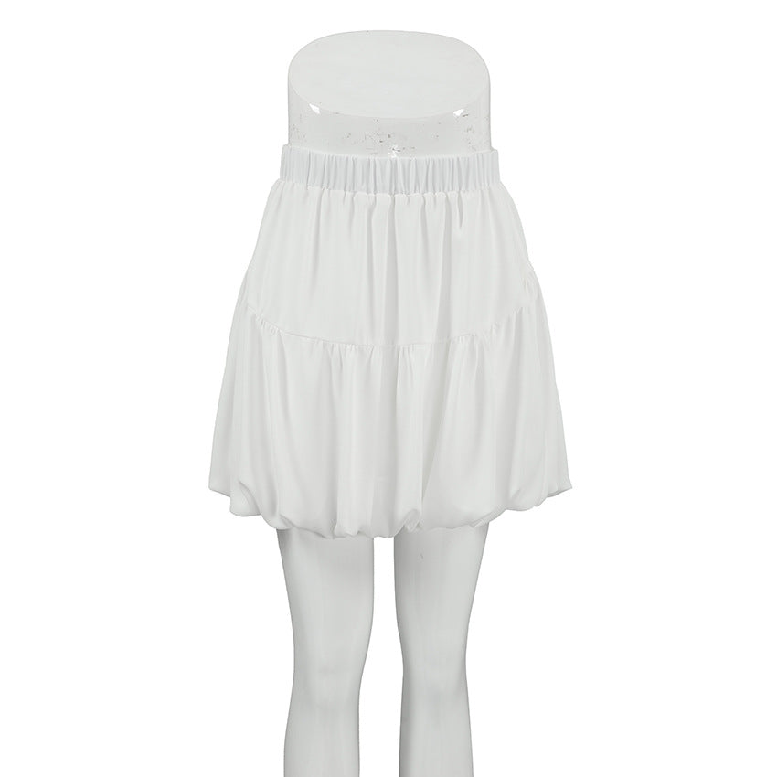 2024 summer white chiffon balloon skirt short skirt women's commuting high waist draped A-shaped skirt fluffy skirt European and American women's clothing