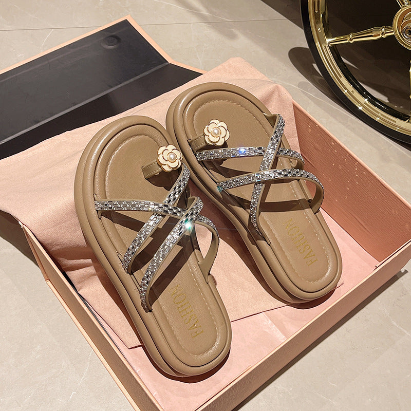 Women's thick-soled thong sandals - new summer collection: floral rhinestone crossover strap roman slip-on sandals