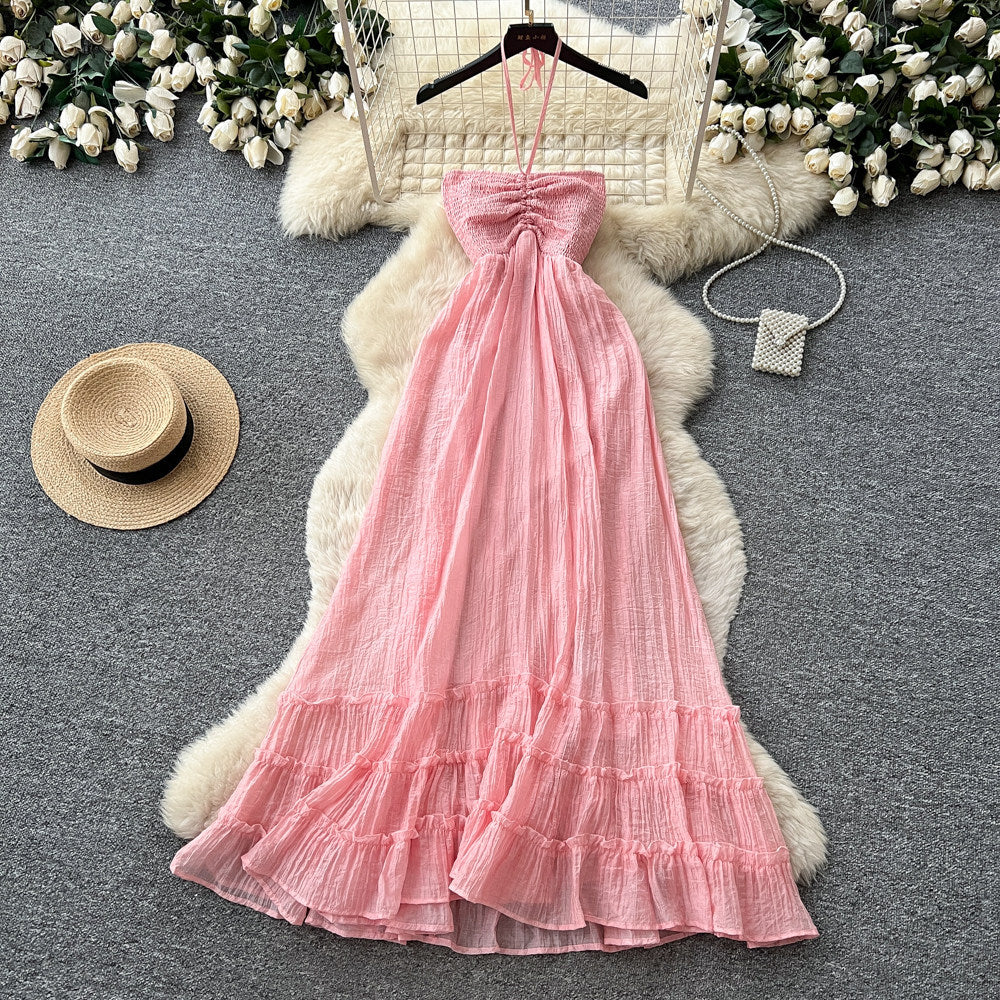 Vacation style haltersense of designdressfemalesummerpinkhigh waista-line long skirtatmosphereelegant skirt