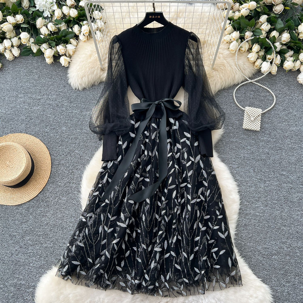 French chic embroidered mesh lantern sleeve knit patchwork waist-tie flared fairy dress