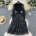 French chic embroidered mesh lantern sleeve knit patchwork waist-tie flared fairy dress