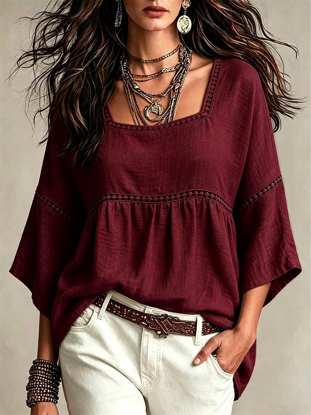 European and american bohemian style plus size women's square neck hollow-out lace trim loose babydoll top with three-quarter sleeves
