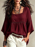 European and american bohemian style plus size women's square neck hollow-out lace trim loose babydoll top with three-quarter sleeves