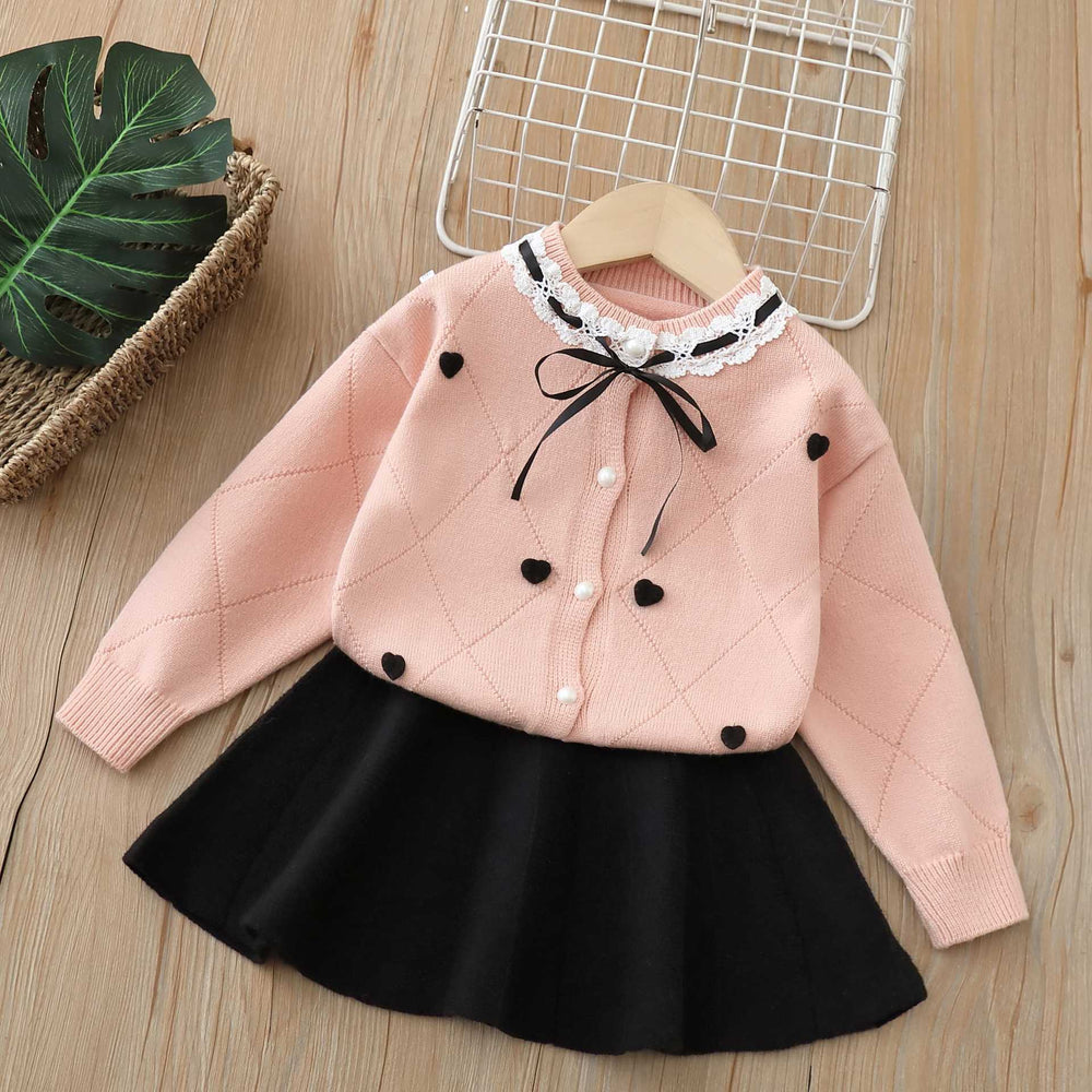 Girls' outfit:  autumn/winter new collection - skirt set with round neck, heart-shaped bow, lace knit cardigan, and stylish two-piece design