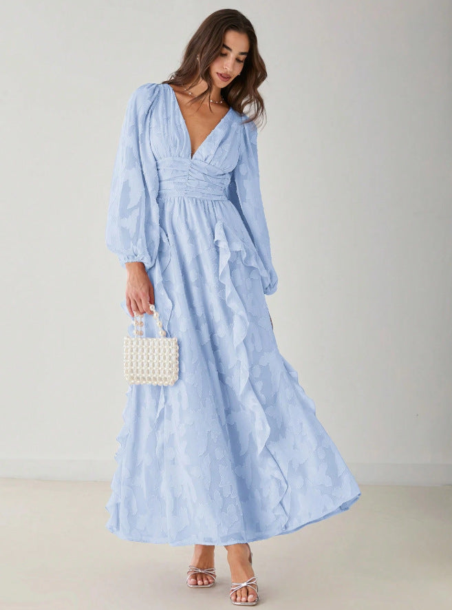 early spring new arrival: comfortable chiffon ruffle-trimmed, waist-cinching v-neck elegant maxi dress for women