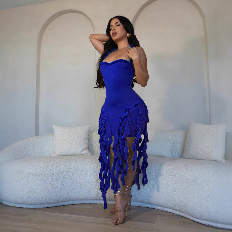 European and american new arrivals  women's sexy halter neck sleeveless open back asymmetrical tassel dress - export quality