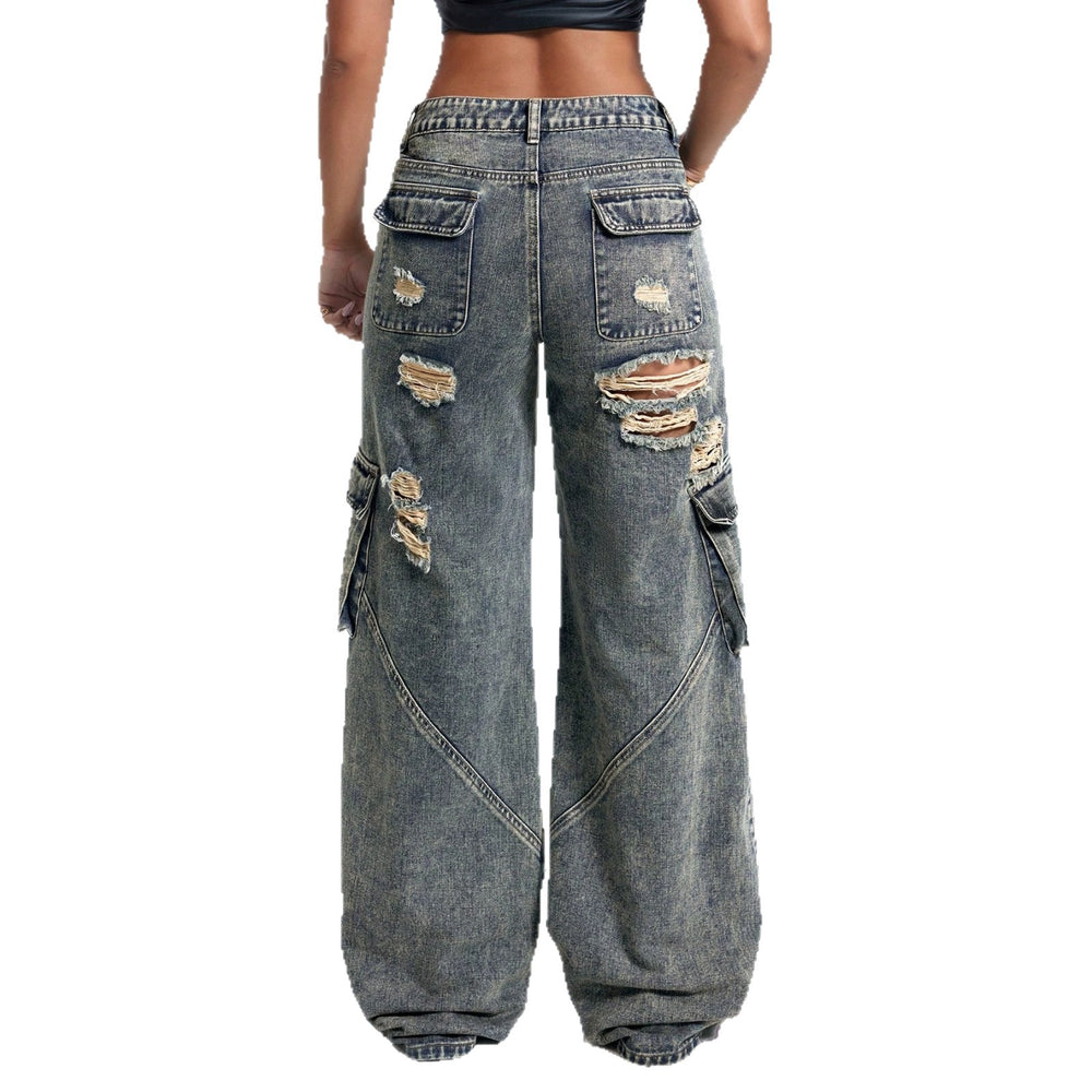 Distressed ripped workwear jeans for women, high-waisted, multi-pocket design, loose straight-leg, wide-leg, floor-sweeping style,  new arrival