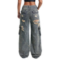 Distressed ripped workwear jeans for women, high-waisted, multi-pocket design, loose straight-leg, wide-leg, floor-sweeping style,  new arrival