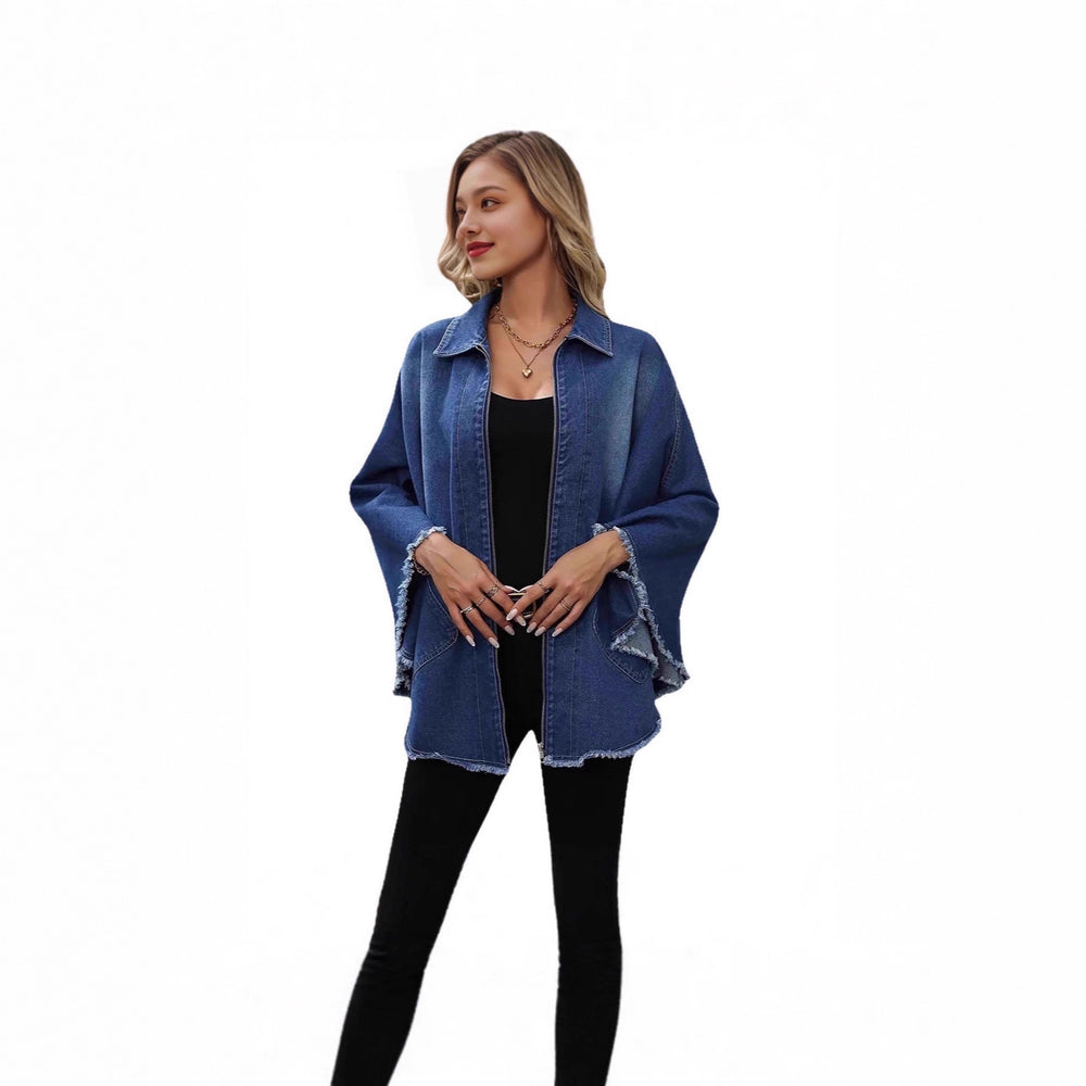 European and american style women's denim jacket -  cross-border autumn/winter fashion loose fit turn-down collar batwing sleeve jacket