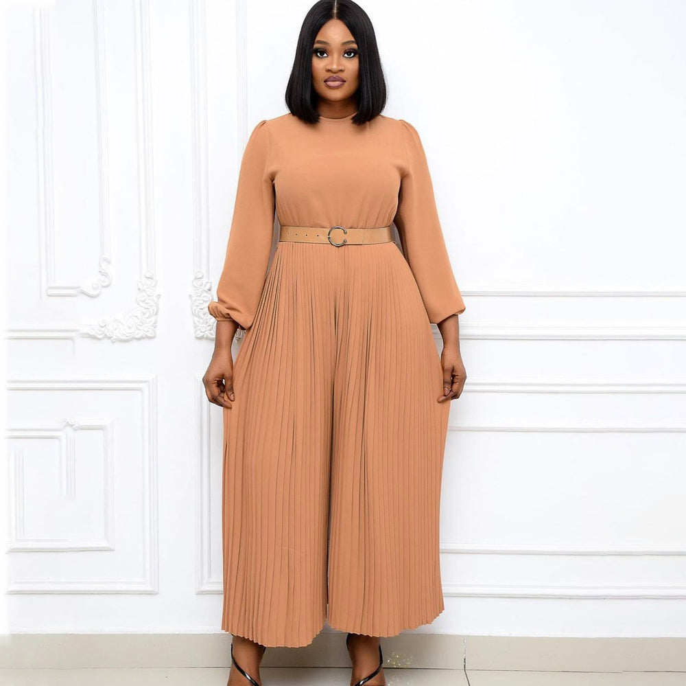 D163  summer new solid color long sleeve pleated european and american plus size women's loose slimming african jumpsuit