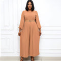 D163  summer new solid color long sleeve pleated european and american plus size women's loose slimming african jumpsuit