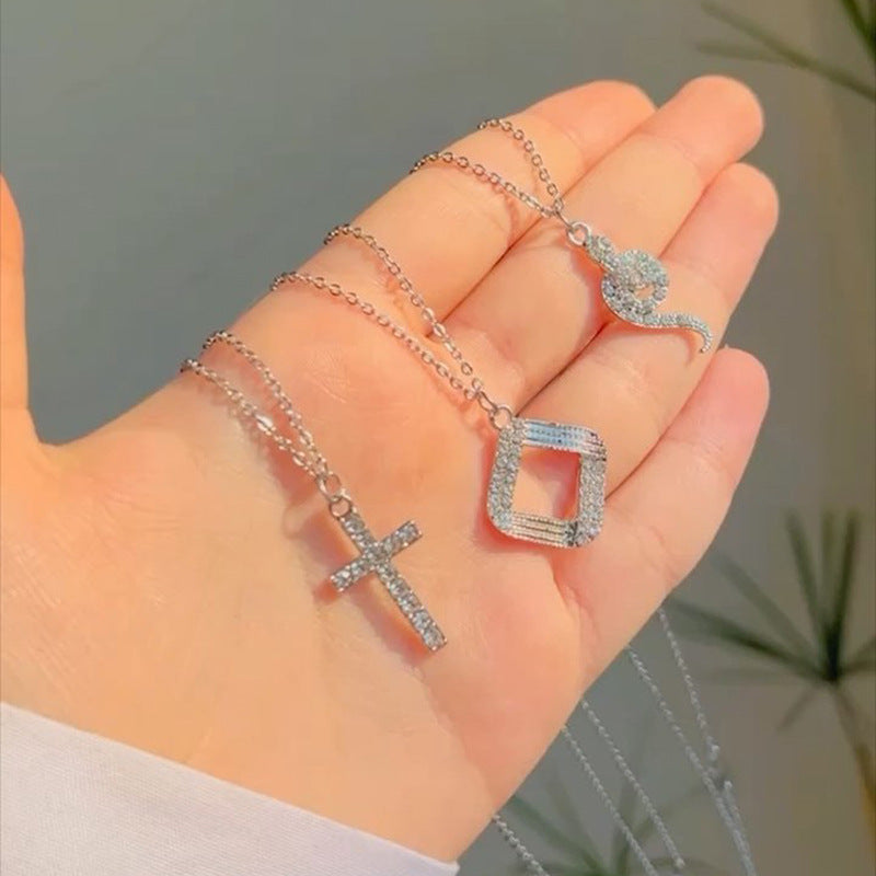 Wholesale alloy diamond-studded cross pendant necklace - european & american cross-border jewelry - women's versatile geometric necklace - animal snake pendant