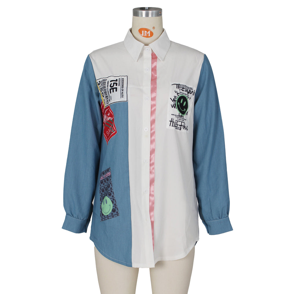 spring/summer new european and american fashion women's shirt casual denim patchwork mid-length shirt dress
