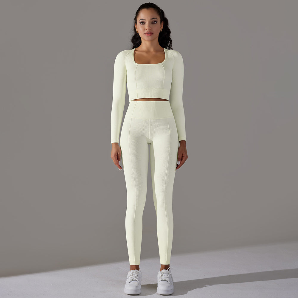 European and american cross-border seamless multi-organic jacquard yoga set - long sleeve top & high-waisted butt-lifting leggings - activewear