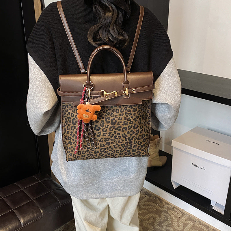 Retro fashion briefcase women 2025 new leopard print backpack large capacity commuting versatile senior sense student bag