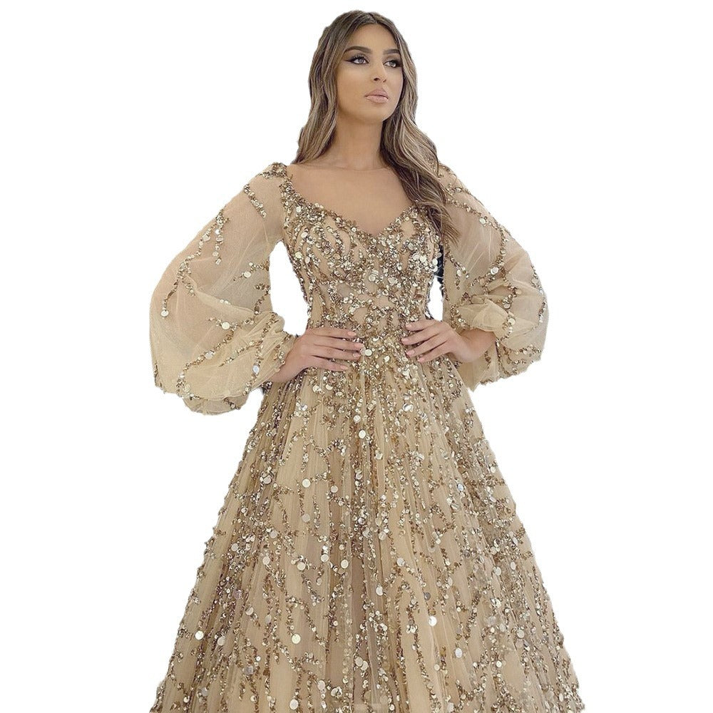 new cross-border gold heavy beaded luxury evening gown - sexy socialite queen long dress yq7109