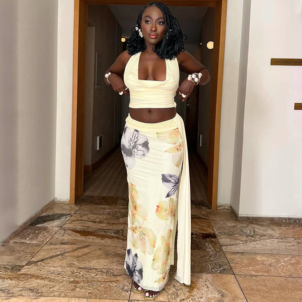 European and American style   sexy printed skirt set, exposed navel strap pleated two-piece set, fashionable slim women's clothing trend