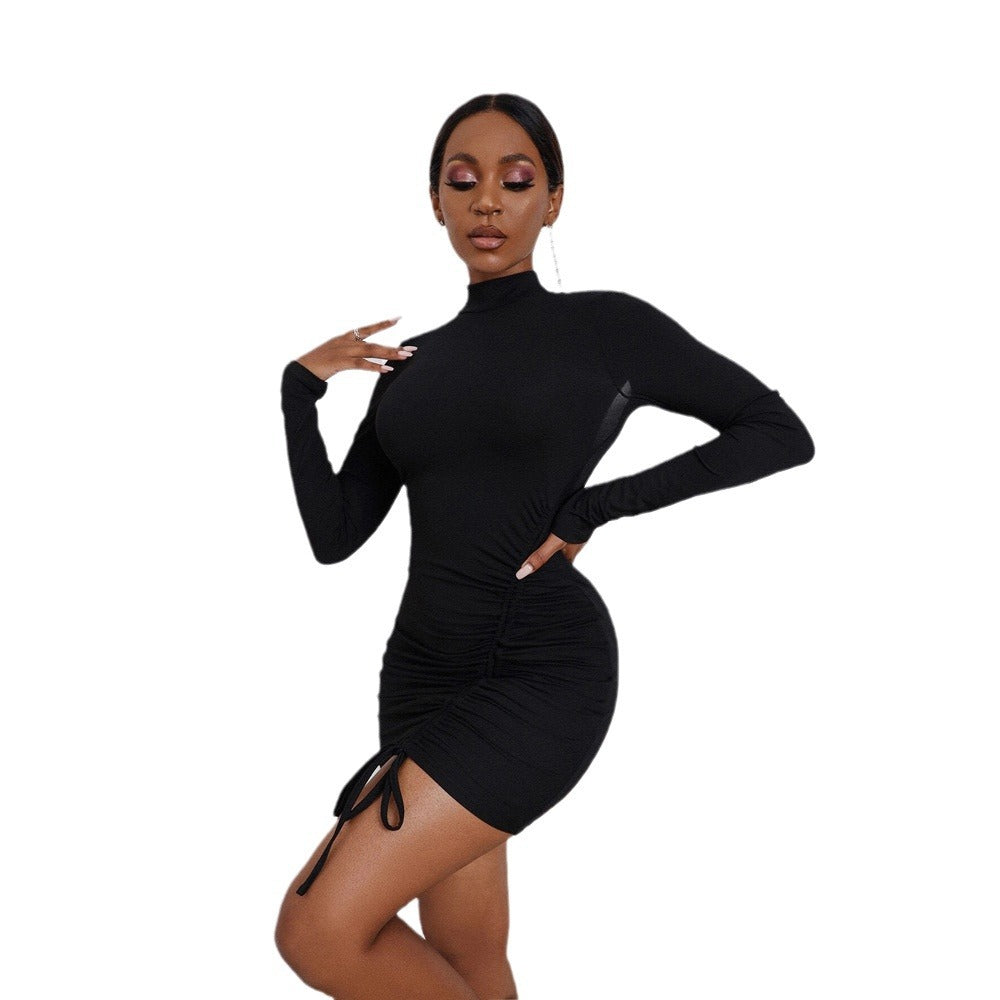 Europe, America 2024 spring and summer sexy backless pumping pleated hip-wrapped high neck pullover knitted long-sleeved dress sexy babes