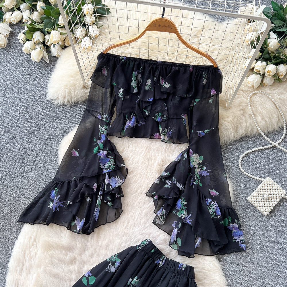 French holiday style one shoulder floral tops high waist skirt women's summertwo-piece set atmosphere elegantsuit