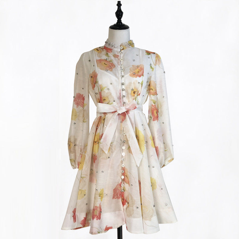Export palace style spring dress for women new arrival nail diamond button waist printing long sleevesdress + suspender skirt