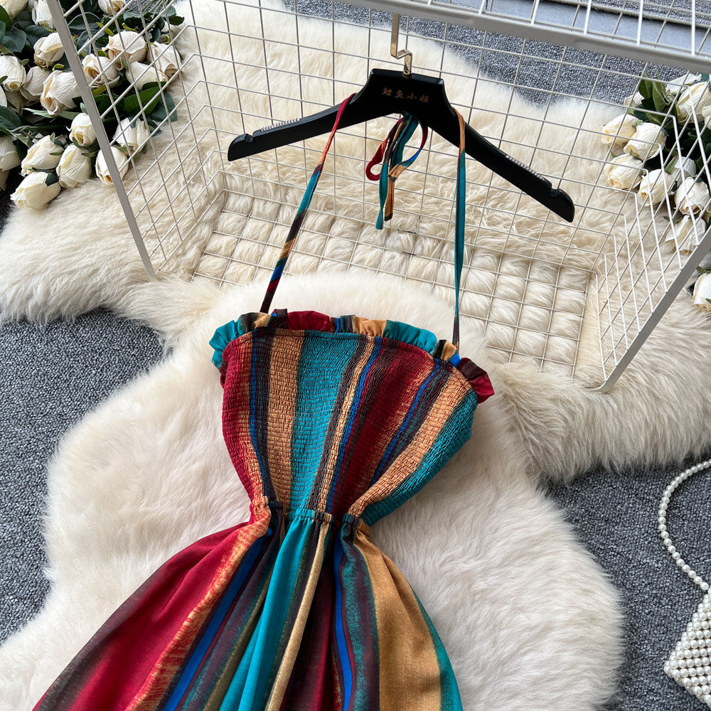 Dopamine dress rainbow stripes backless dress women's summer high waist k-style a-line long skirt vacation style beach skirt