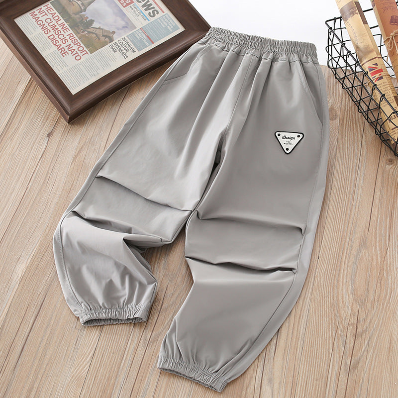 Boys' summer lightweight ice silk pants - quick-dry, mid-to-large size, casual sports trousers with elastic cuffs - mosquito-proof