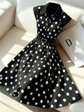 european and american cross-border polka dot lapel sleeveless dress waist large hem with belt elegant mid-length skirt foreign trade