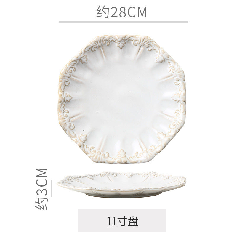 Embossed retro ceramic dinnerware set - french-inspired plates, high-end steak plates, dessert bowls, and rice bowls for home use