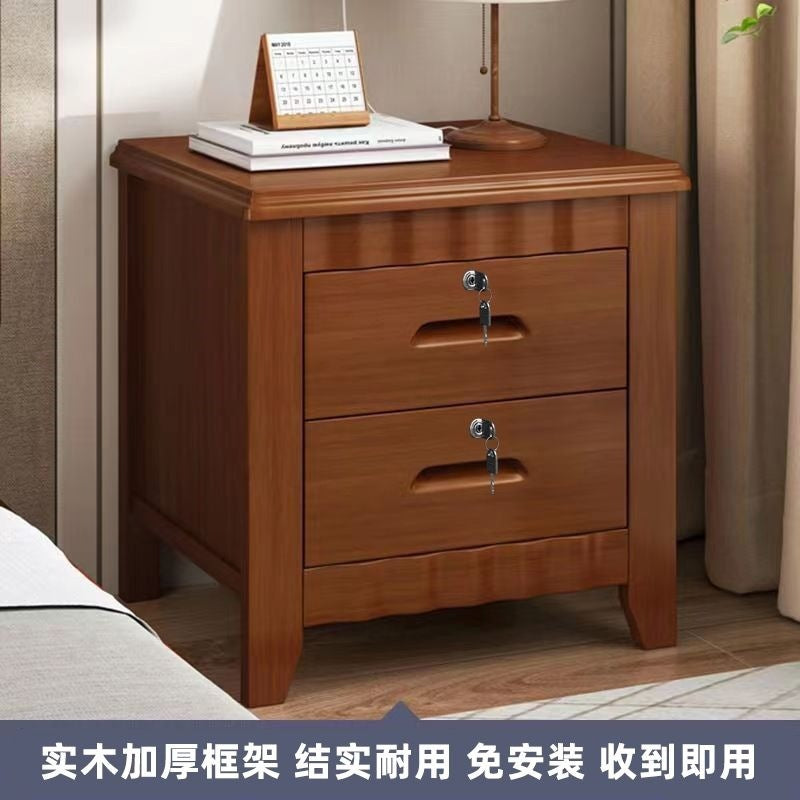 Solid wood bedside table for home bedroom, lockable storage cabinet, small rental room bedside storage chest, no assembly required