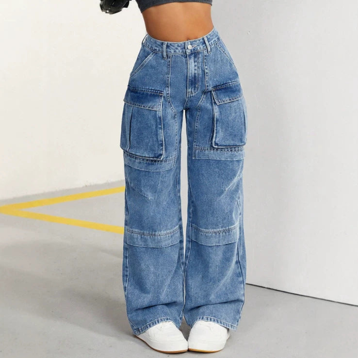 Amazon tiktok pinduoduo export cross-border fashion high waist double layer workwear wide leg jeans