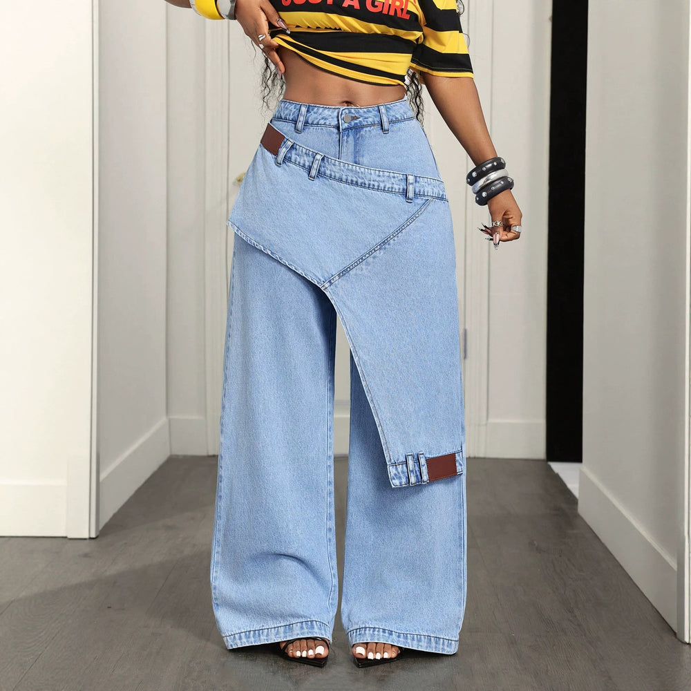 Fashionjeans women's light blue washed stylishfake two-piece loose pants patchwork street loosemop denim pants