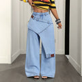 Fashionjeans women's light blue washed stylishfake two-piece loose pants patchwork street loosemop denim pants