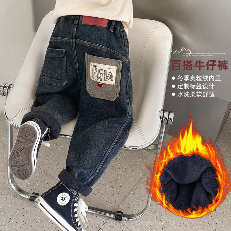 Boys' jeans spring collection - spring/autumn style  new arrival - mid-to-large size children's korean style fleece-lined thickened trousers