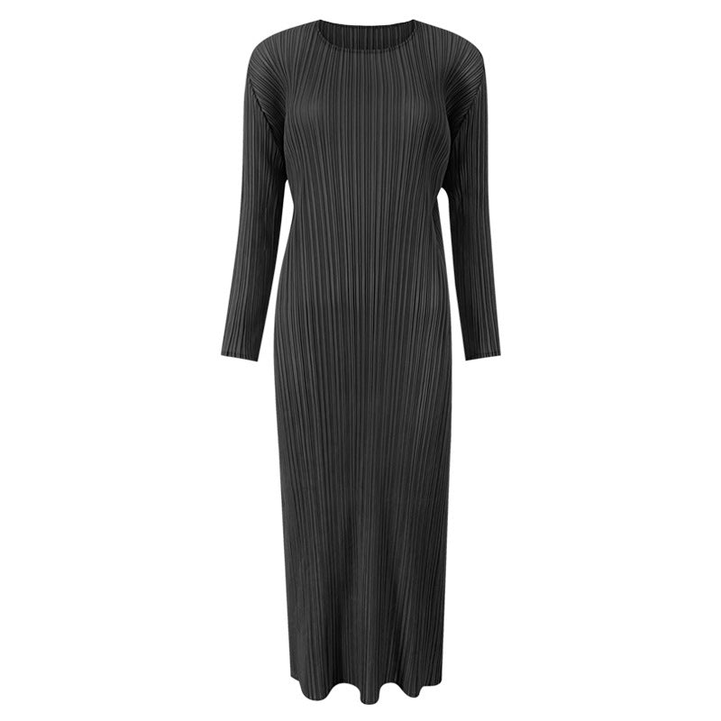 Amazon women's  european and american classic pleated long sleeve solid color midi slim fit slit dress
