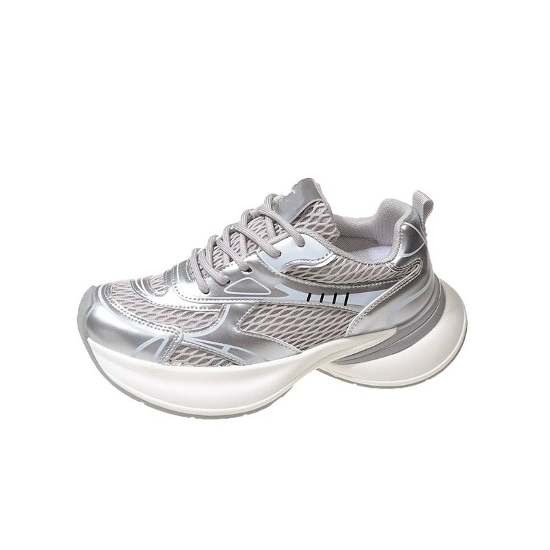 European chunky platform silver dad shoes 2025 new fashion versatile summer mesh breathable women's athletic trendy sneakers