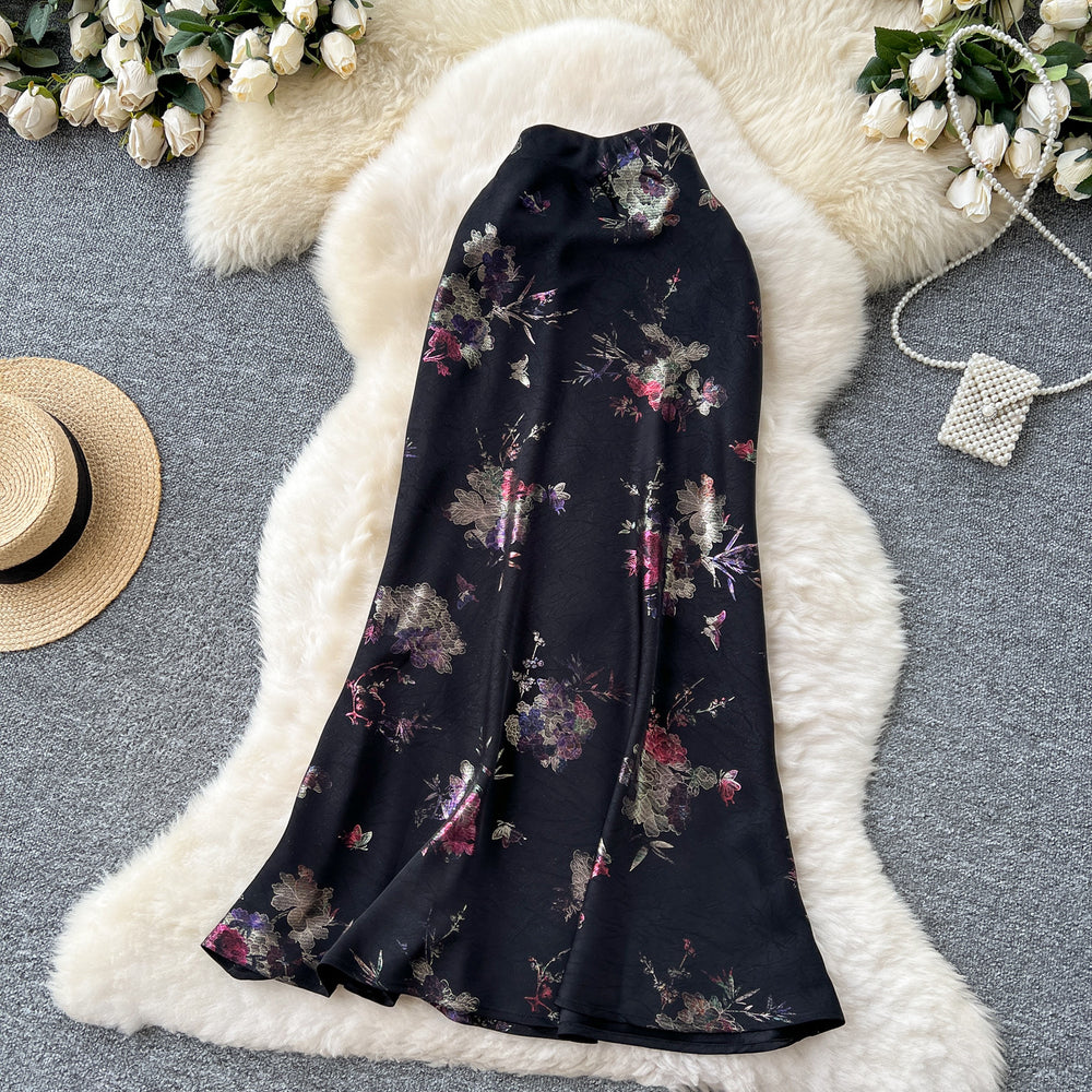 Lightly mature style classy sense hot stamping printing fishtail skirt for women 2025 summer high waistslimming look satin hip mid-length skirt