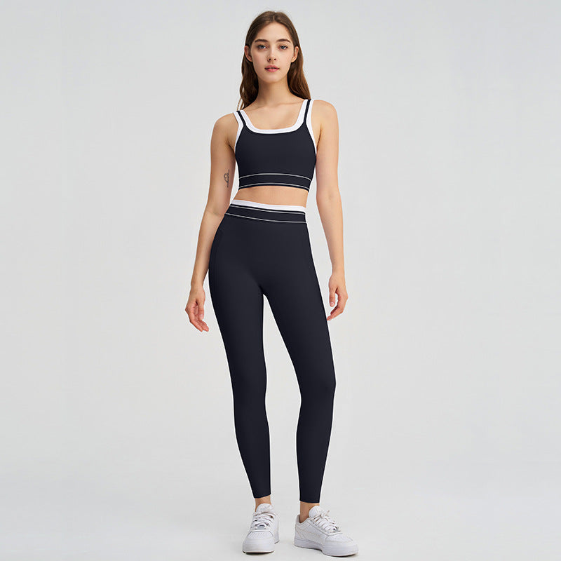 new arrivalfake two-piececontrast color white striped hip lifting pants suspender running sports intimates bra yoga suit