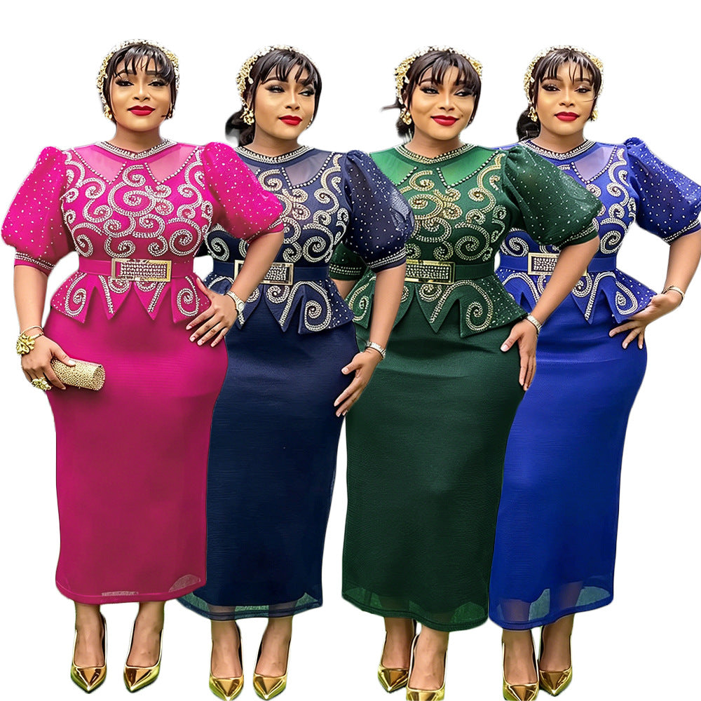 African cross-border hot seller: fashionable and chic rhinestone-embellished puff sleeve high-waisted bodycon dress - plus size women's ready-to-ship dress