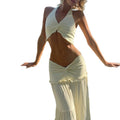 spring new arrivals: european and american style sexy cutout pleated halter top and fashionable elegant midi skirt set for women