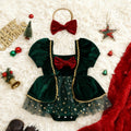 Baby girl christmas gold sequin velvet patchwork mesh romper dress