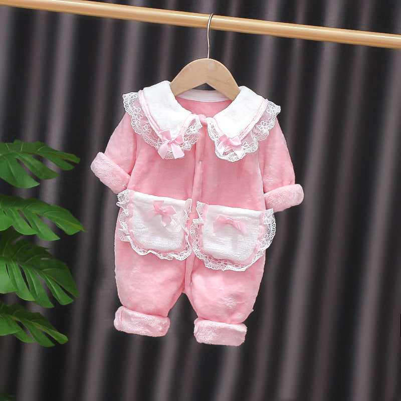 Baby girl's autumn/winter korean style flannel romper - princess style double-layer warm crawling suit for infants