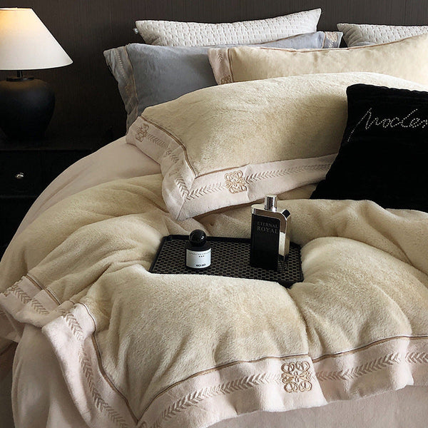 Winter simple light luxury warm milk fleece bed cover four-piece set solid color wide-edge embroidery thickened fur fleece bedding