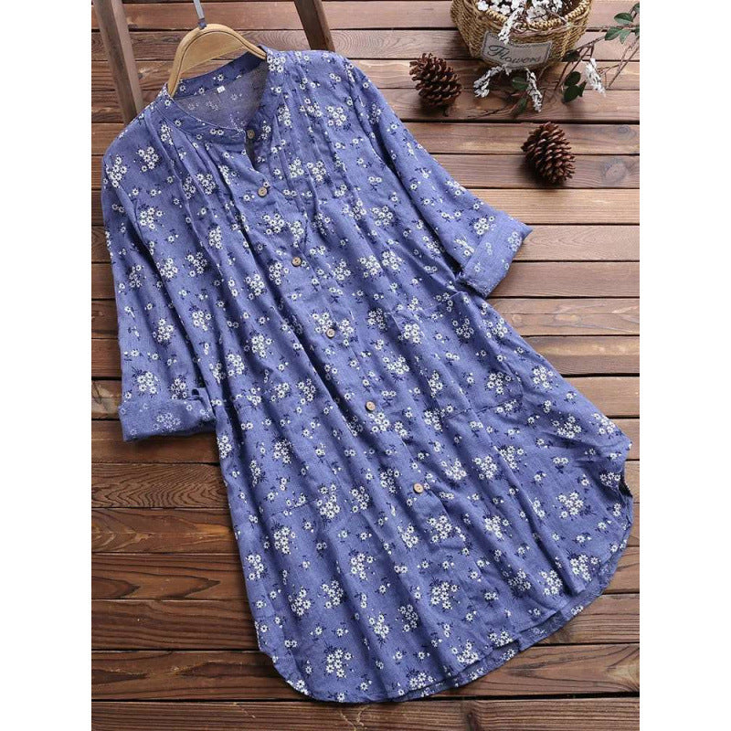 women's new cotton linen floral print mid-length loose fit shirt